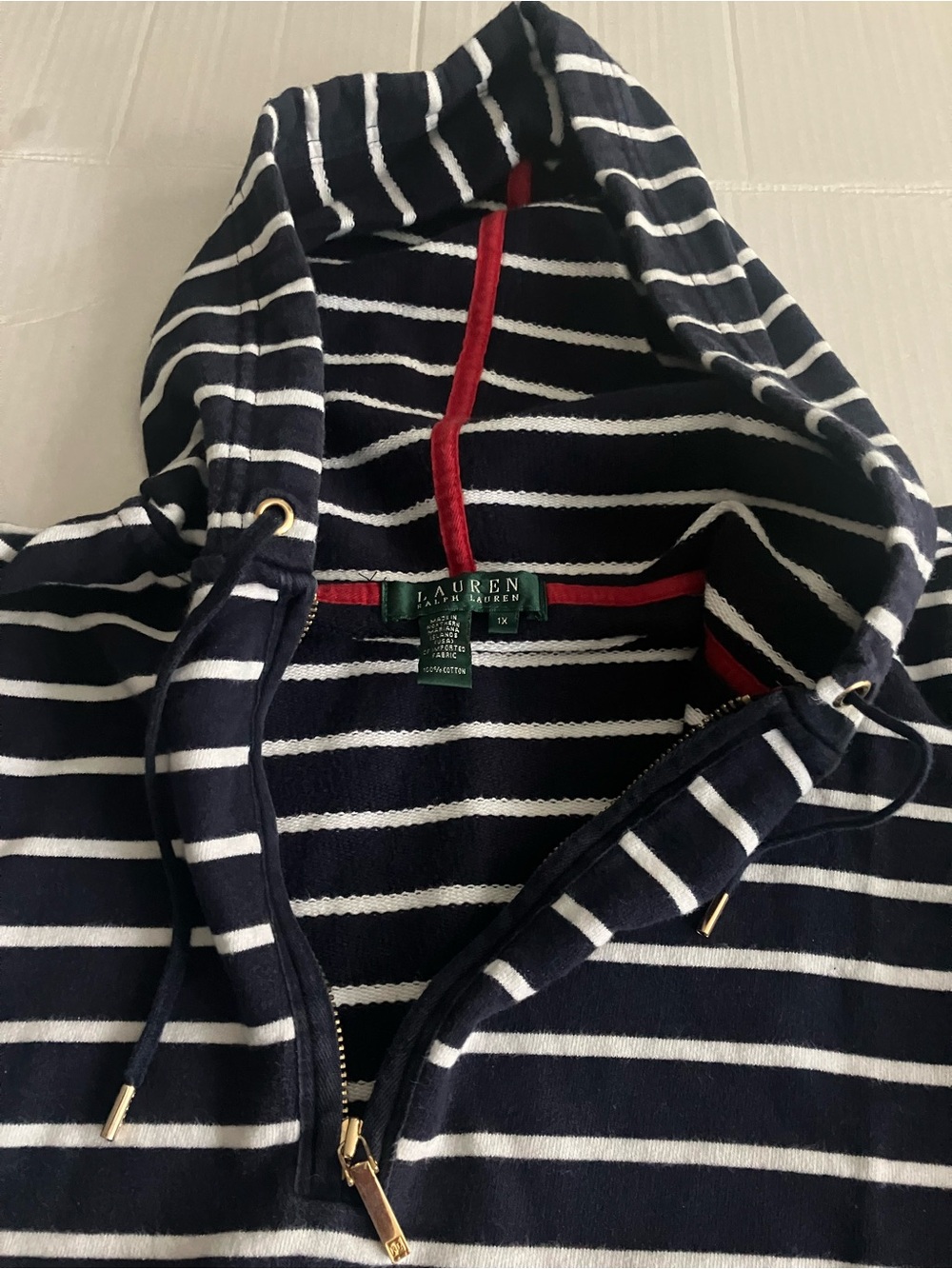 Lauren Ralph Lauren Navy and White Striped Zip Pullover Sweater
